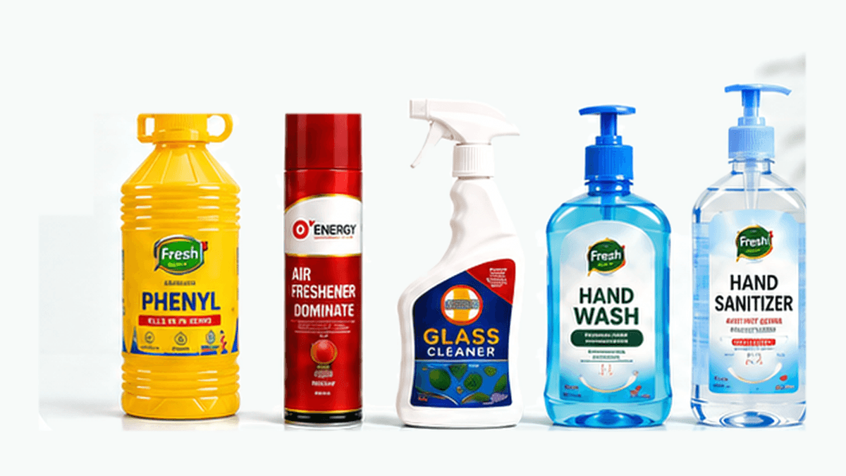 MPSTT cleaning and hygiene supplies including phenyl, glass cleaner, hand wash and sanitizer
