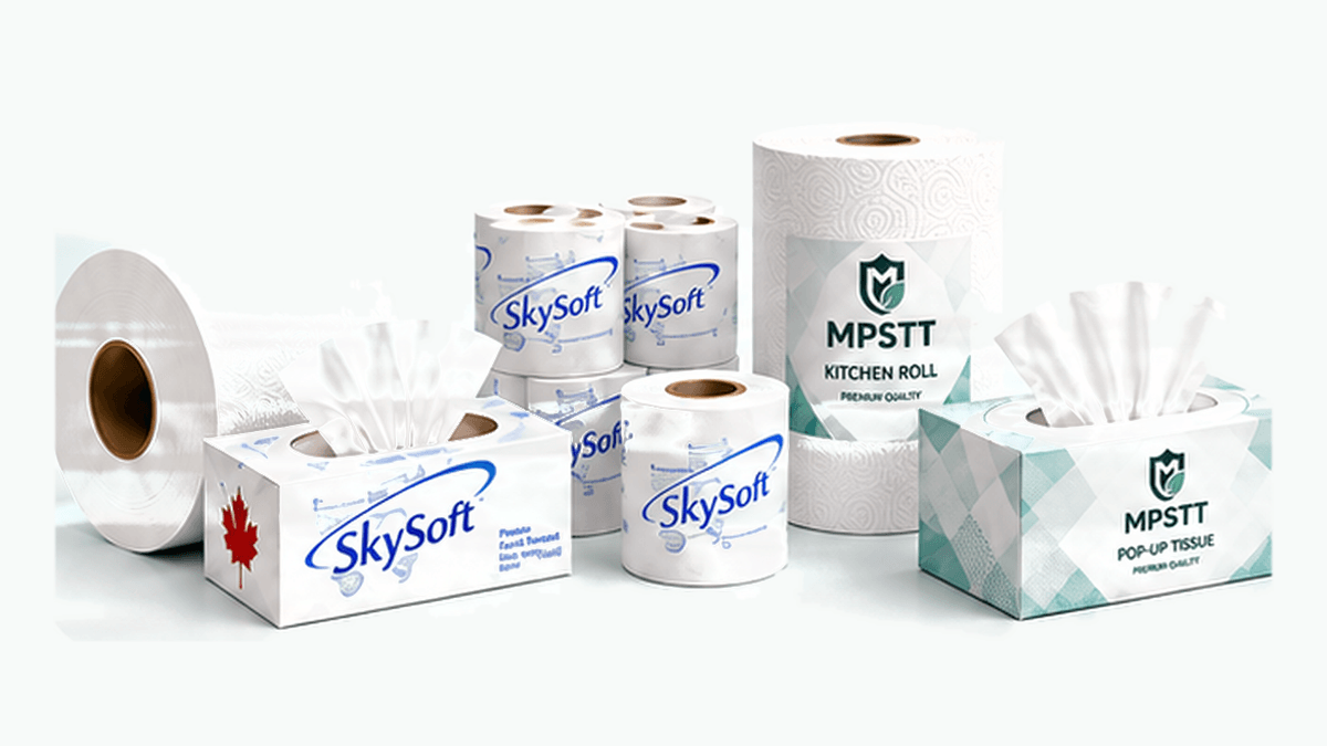MPSTT tissue and paper products including tissue rolls, pop-up tissues and kitchen rolls