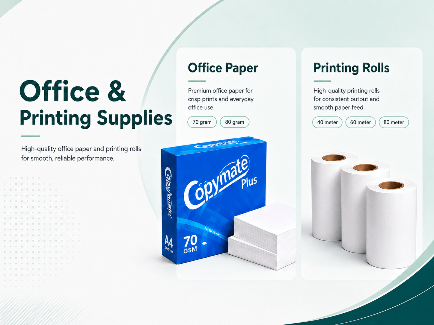 Office and printing supplies shown together: office paper reams and printing rolls.