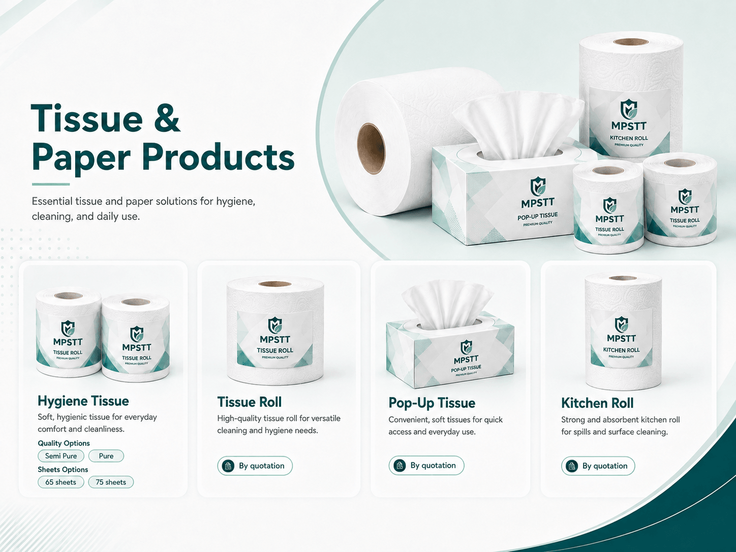 Tissue and paper products shown together: hygiene tissue, tissue roll, pop-up tissue and kitchen roll.