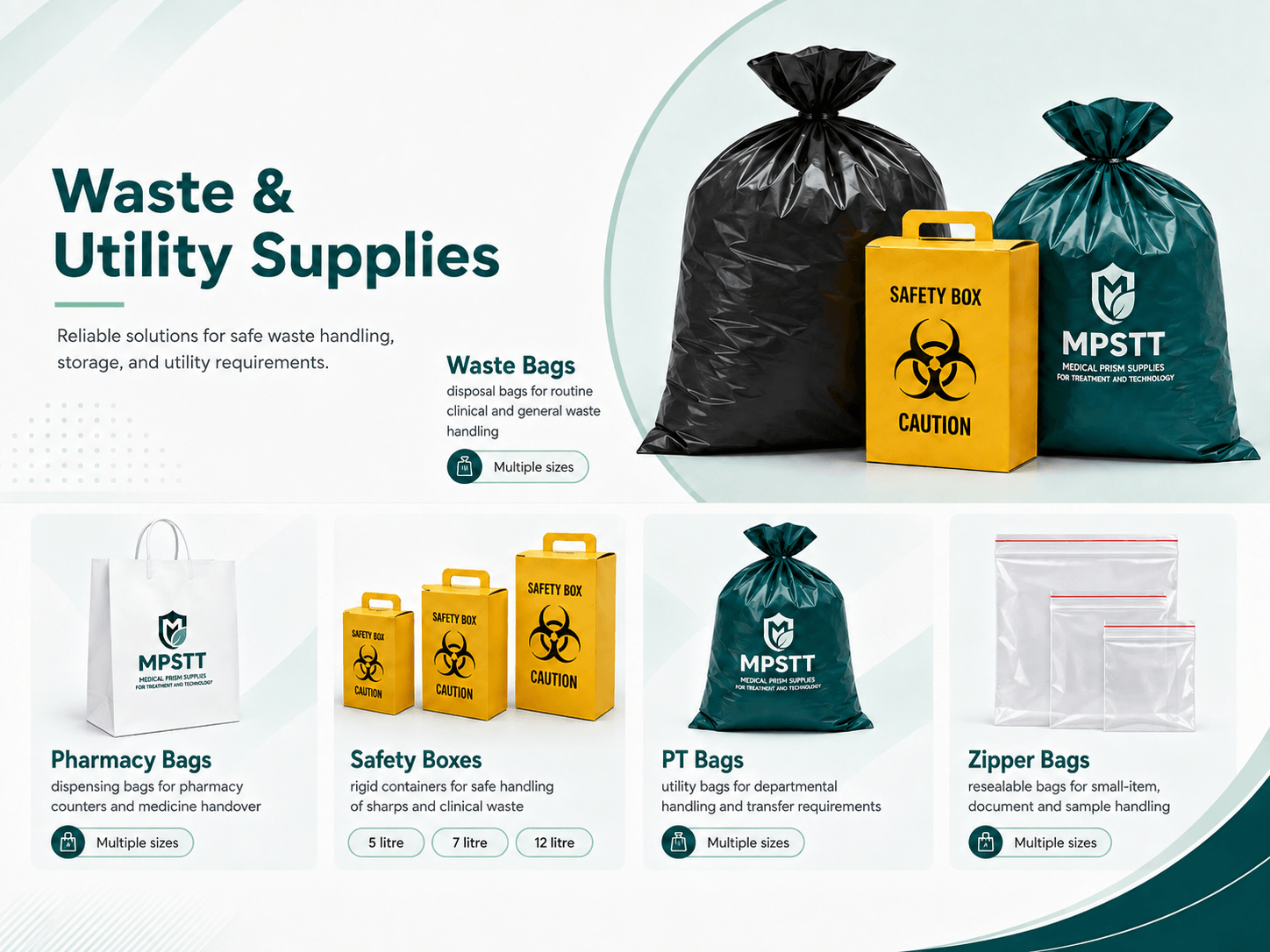 Waste and utility supplies shown together: waste bags, pharmacy bags, safety boxes, PT bags and zipper bags.