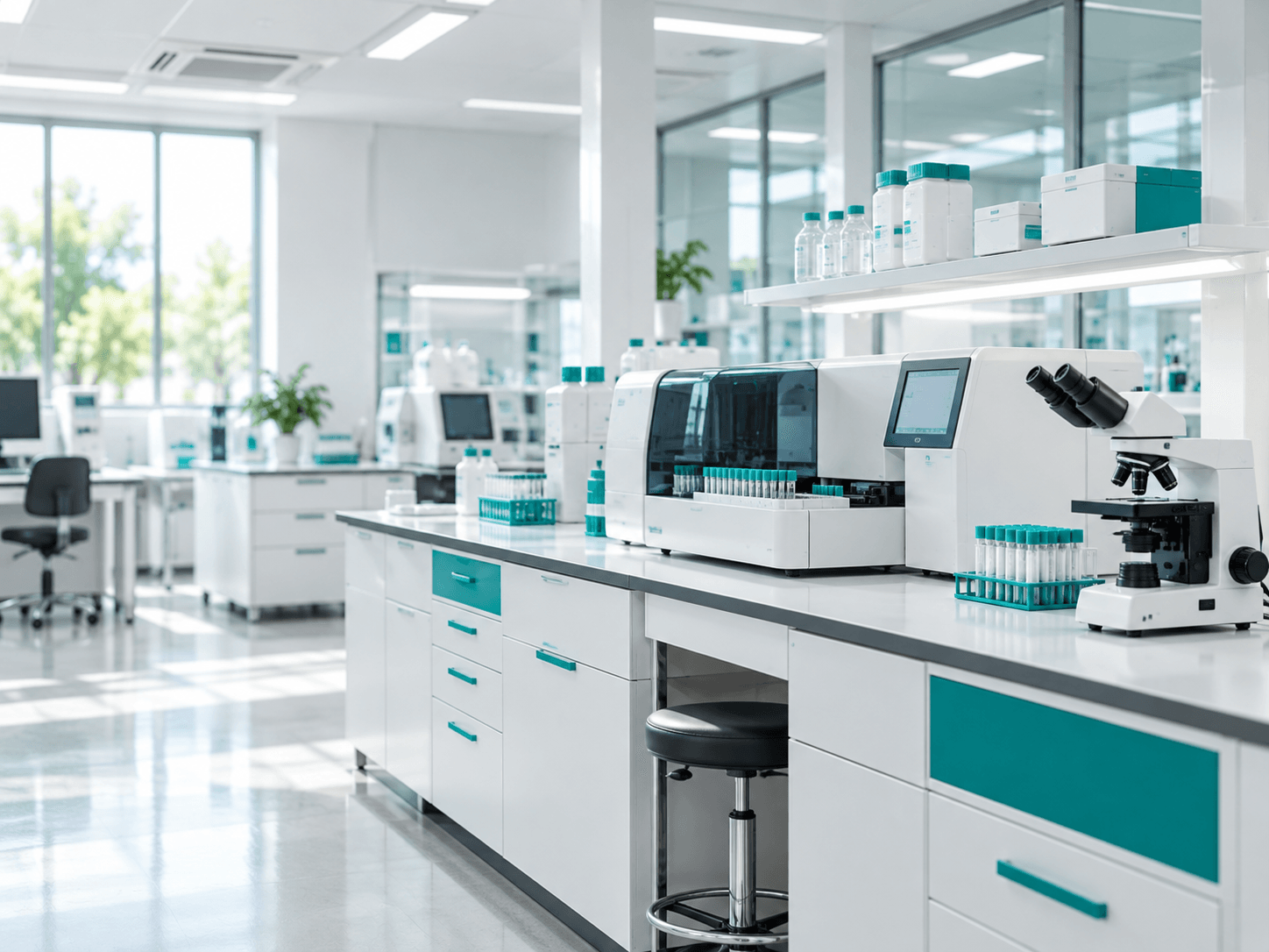 Laboratory bench with a microscope and sample analysers